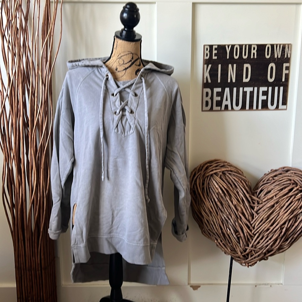 Young Fabulous & Broke Beige Laced Front Hooded Hi Low Sweatshirt